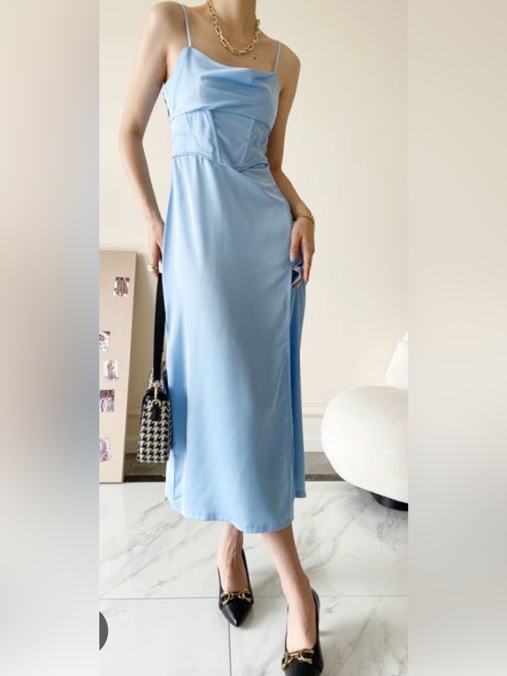 Zara Corsetry Camisole Slip Dress Light Blue Satin Midi Dress